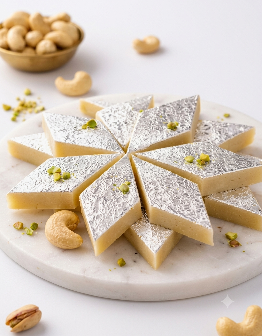 Premium Kaju Katli – Rich Cashew Fudge with Silver Leaf